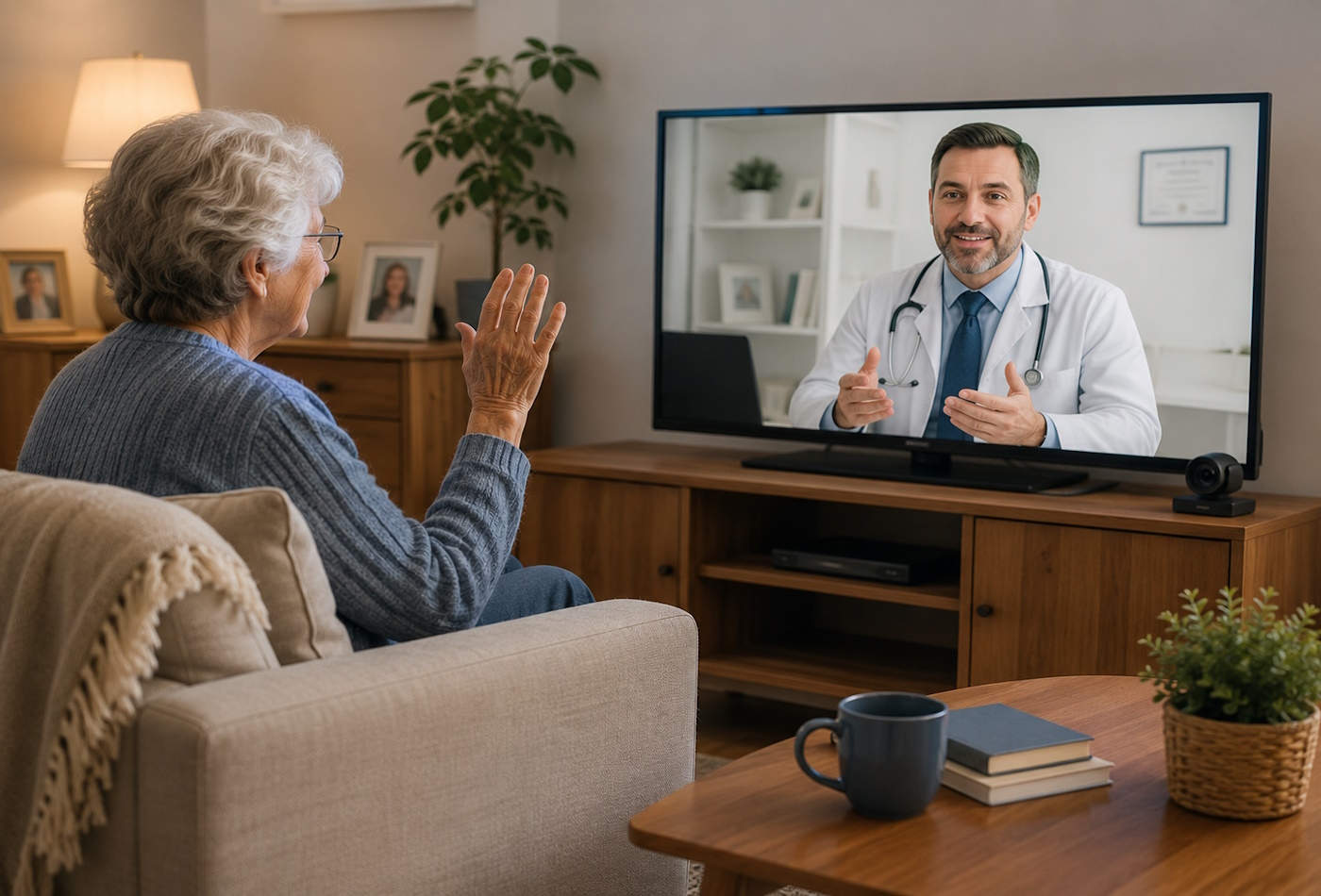 Pessoa sénior a falar com um médico por videochamada num tablet